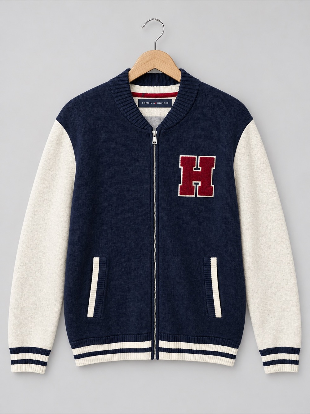 Tommy Hilfiger Men's Navy and Cream Varsity Zip Sweater